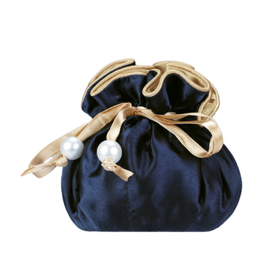 Drawstring Premium Satin Jewelry Pouch with 8 Interior Pockets, Blue + Gold
