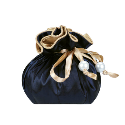 Drawstring Premium Satin Jewelry Pouch with 8 Interior Pockets, Blue + Gold