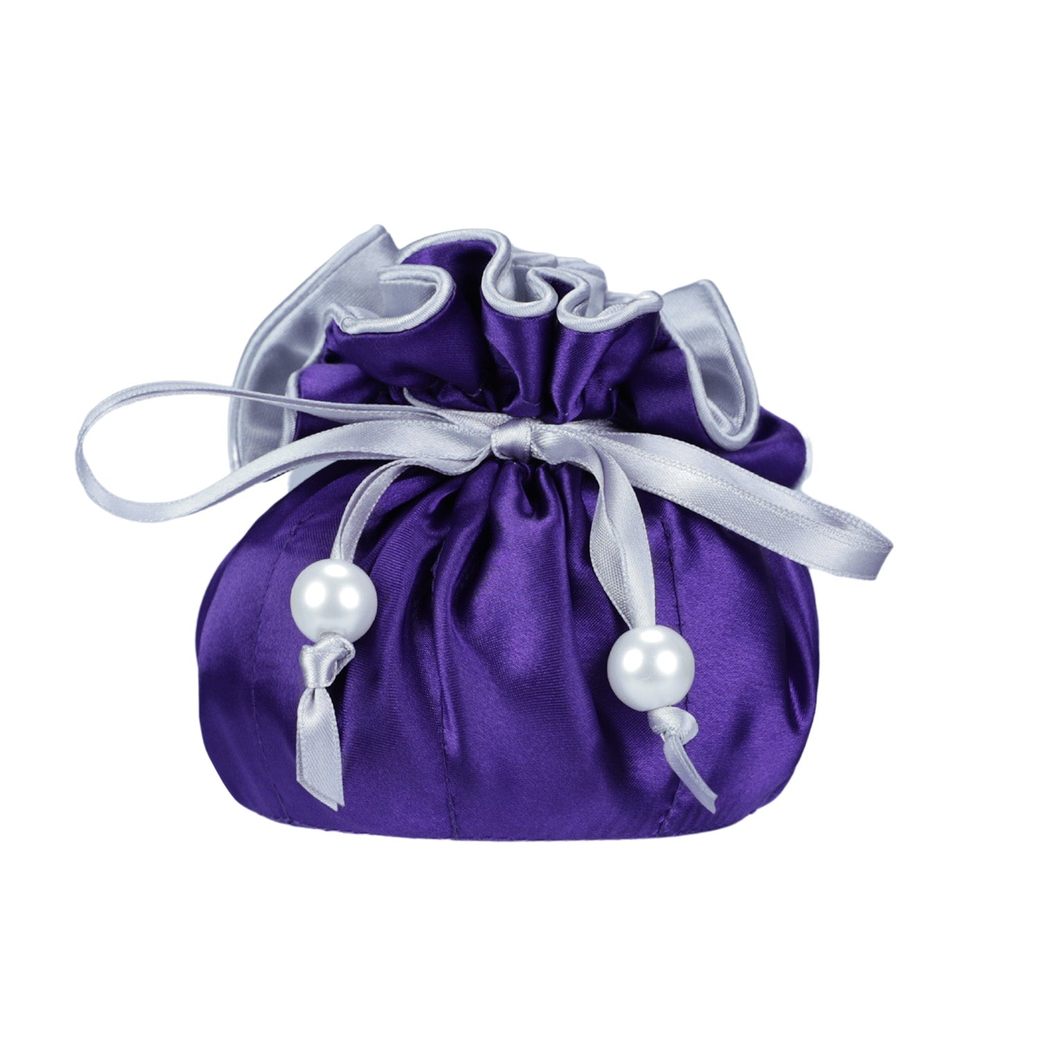 Drawstring Premium Satin Jewelry Pouch with 8 Interior Pockets, Purple + Silver
