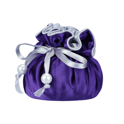 Drawstring Premium Satin Jewelry Pouch with 8 Interior Pockets, Purple + Silver
