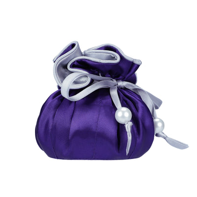 Drawstring Premium Satin Jewelry Pouch with 8 Interior Pockets, Purple + Silver