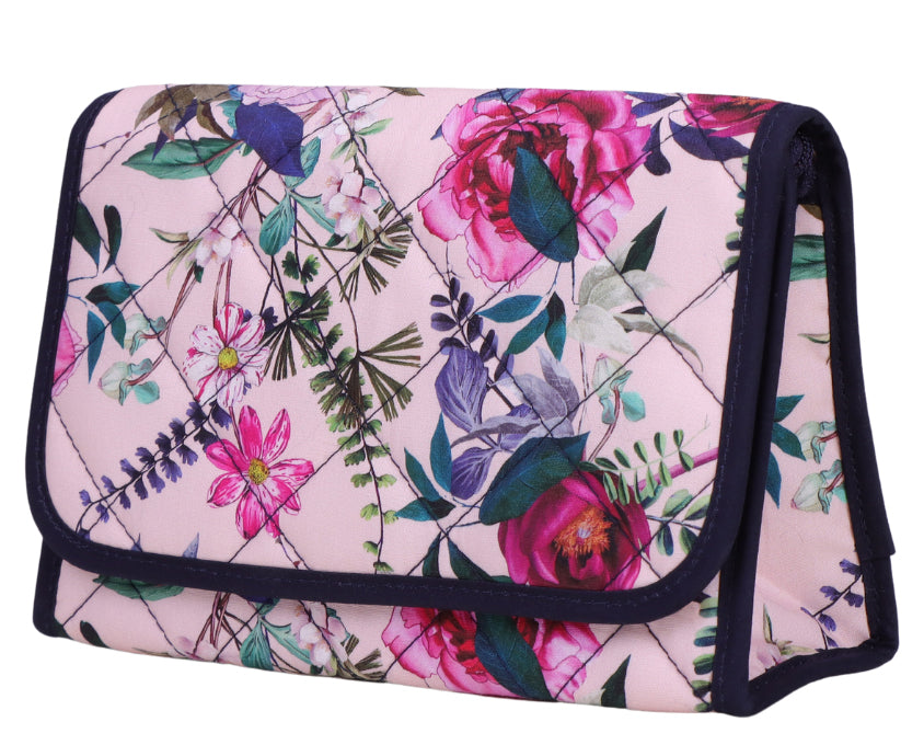 Cosmetic Bag with Mirror, Quited Cotton in Pink Floral