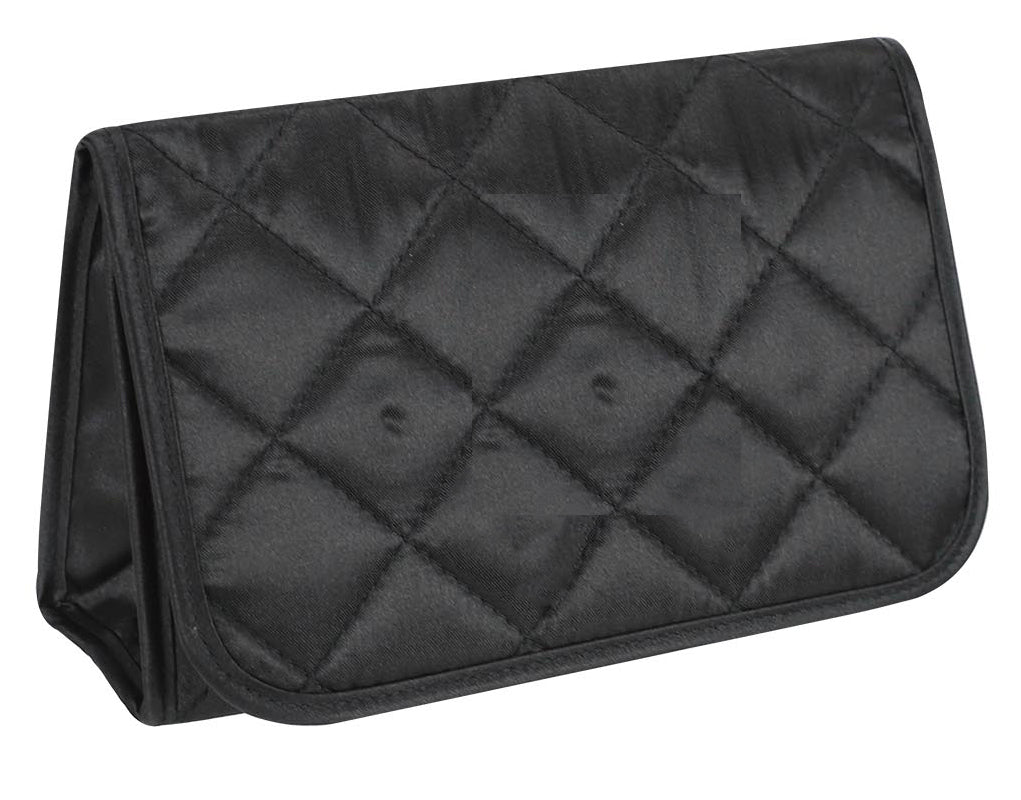 Cosmetic Bag with Mirror, Quited Satin Black, Large
