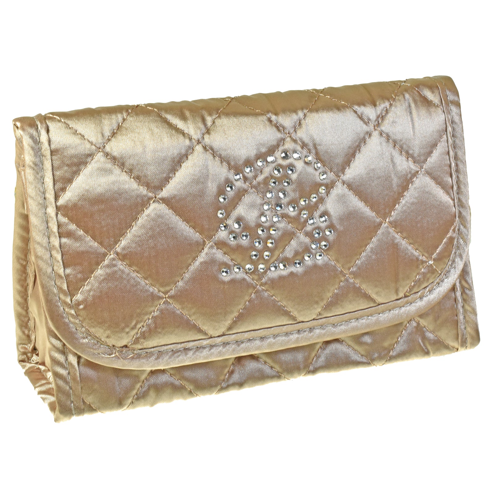 Personalized & Monogrammed Cosmetic Bag with a Mirror, Quilted Bronze Satin, Cursive Single Upper Case Letter in Swarovski Rhinestones