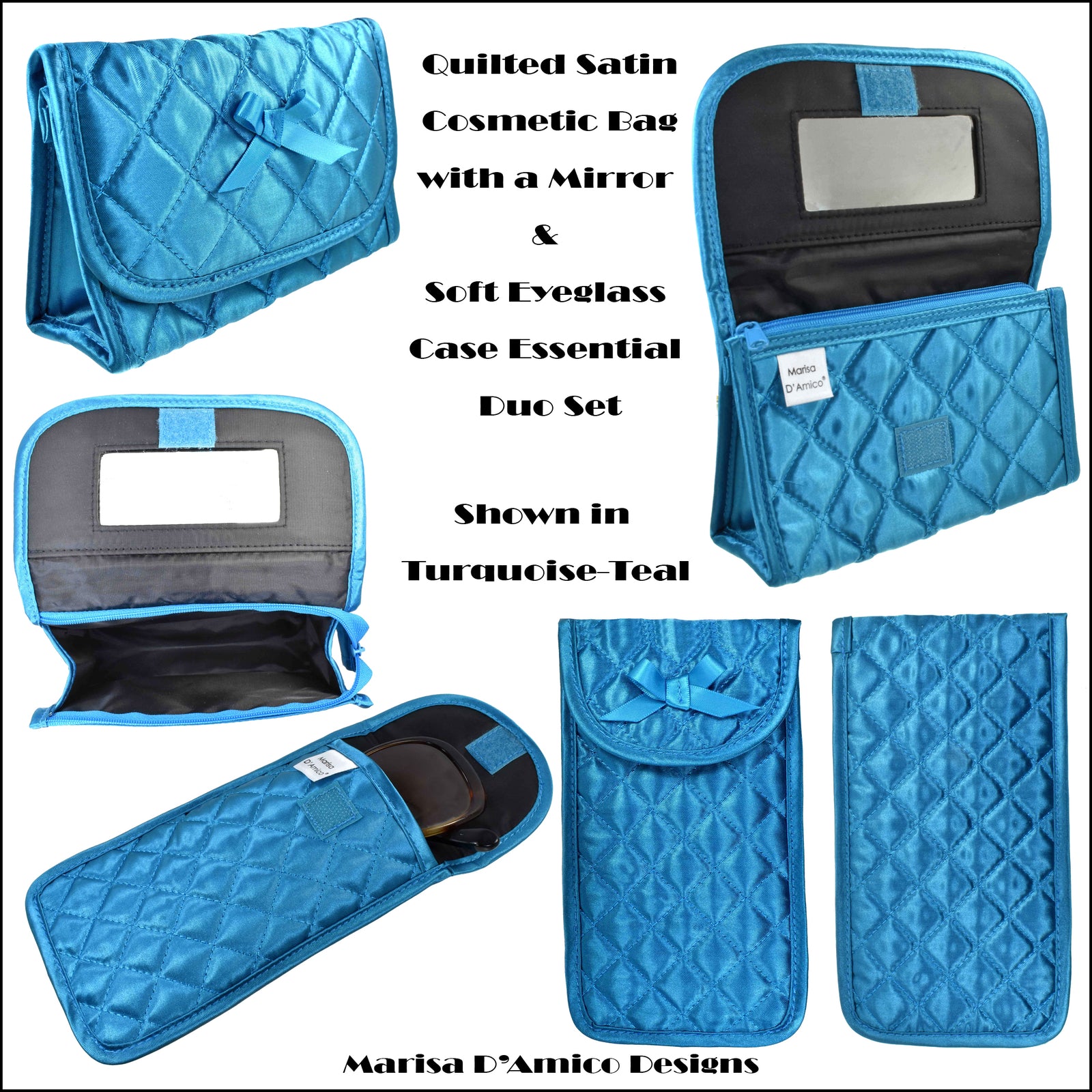 Quilted Satin Cosmetic Bag with a Mirror & Soft Eyeglass Case Essential Duo Set, Turquoise-Teal