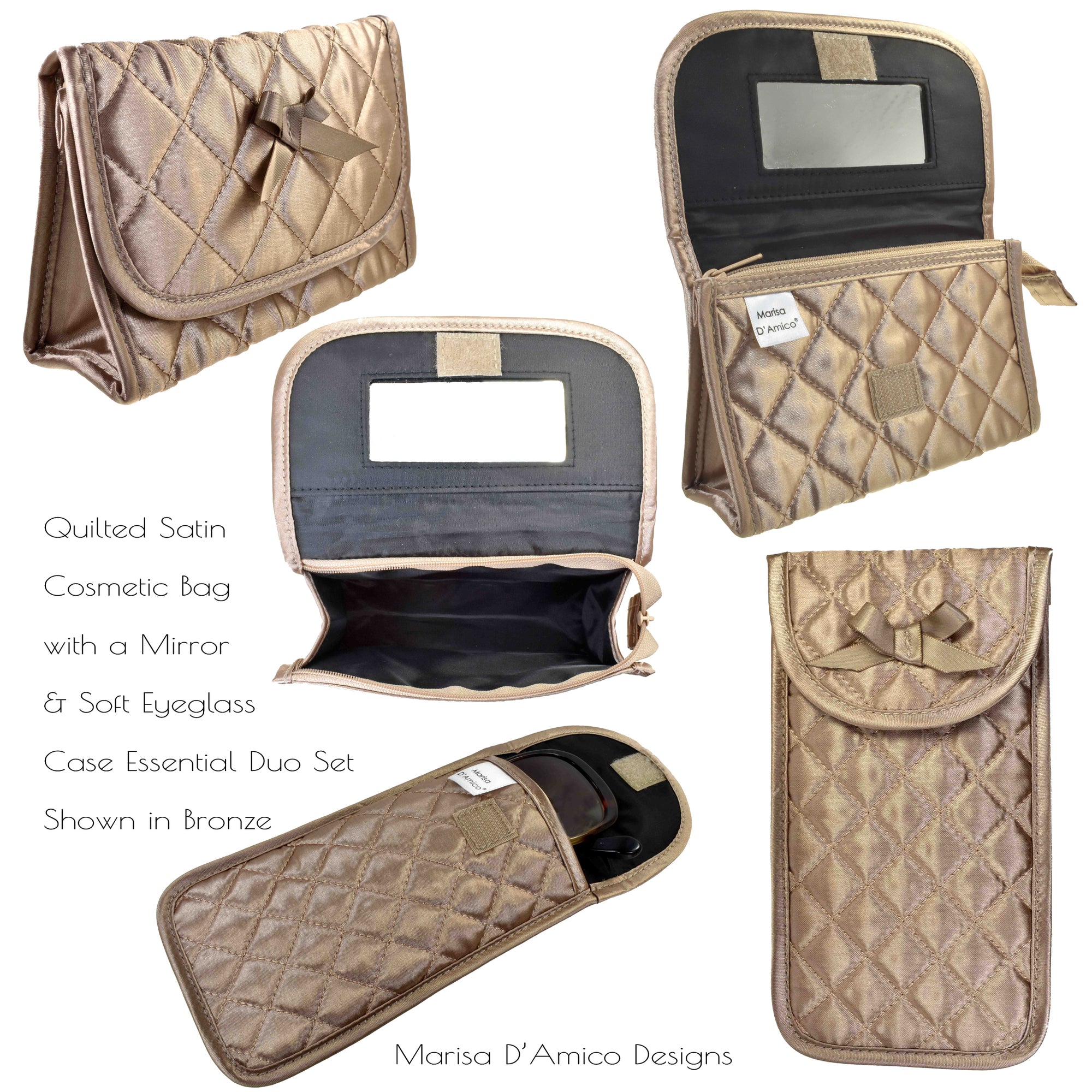 Quilted Satin Cosmetic Bag with a Mirror & Soft Eyeglass Case Essential Duo Set, Bronze