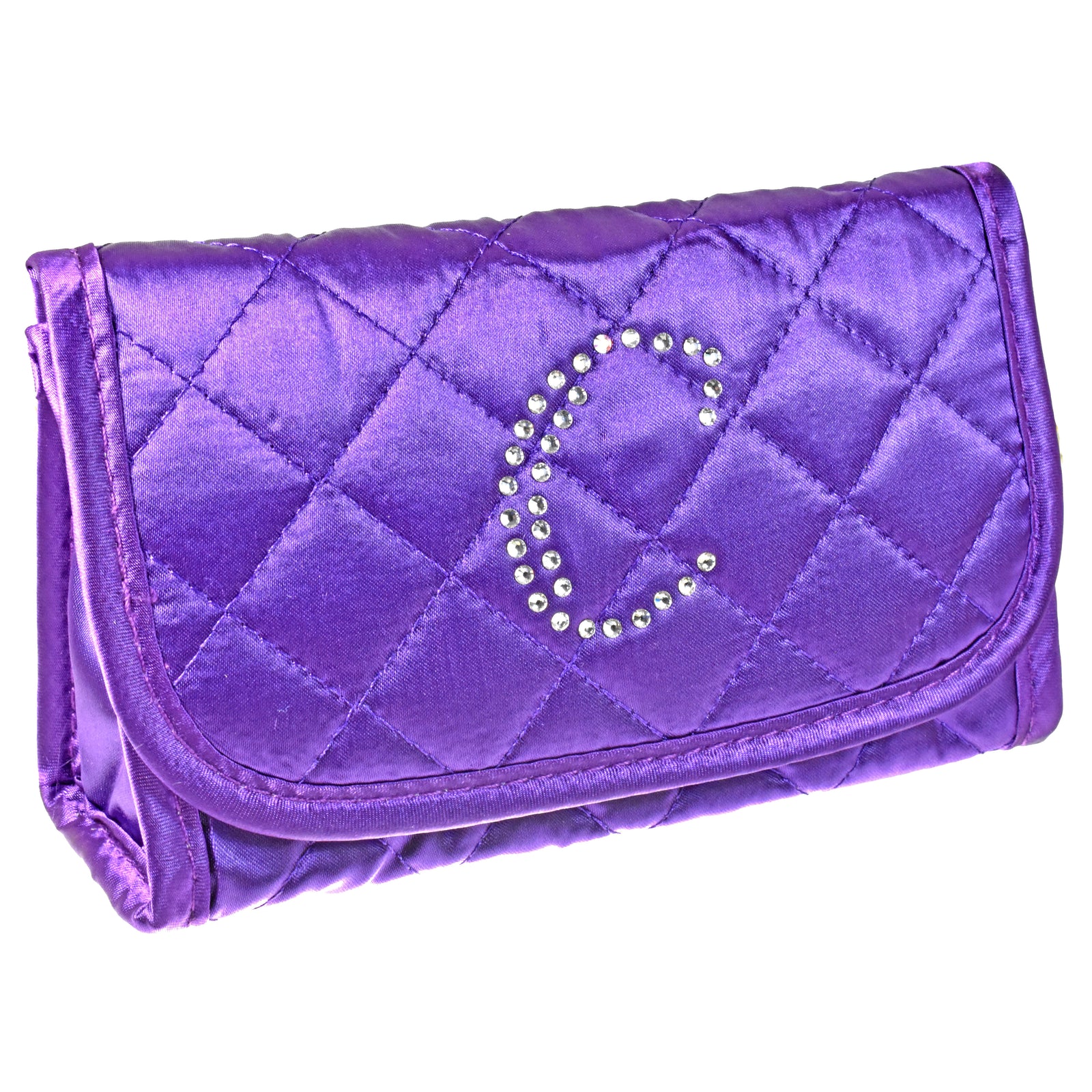 Personalized & Monogrammed Cosmetic Bag with a Mirror, Quilted Purple Satin, Cursive Single Upper Case Letter in Swarovski Rhinestones