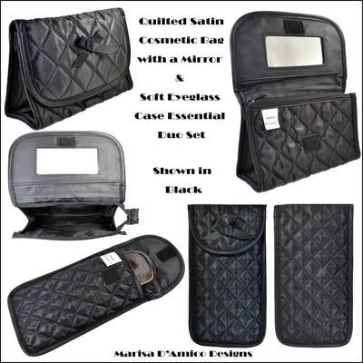 Quilted Satin Cosmetic Bag with a Mirror & Soft Eyeglass Case Essential Duo Set, Black