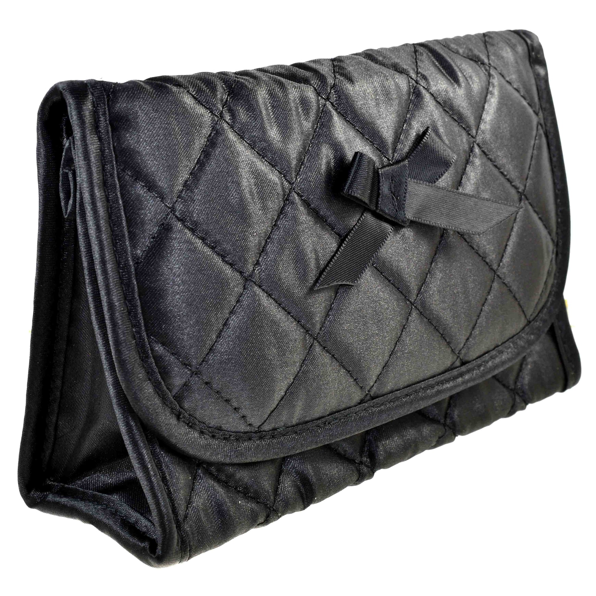Quilted Satin Cosmetic Bag with a Mirror, Black, Front View