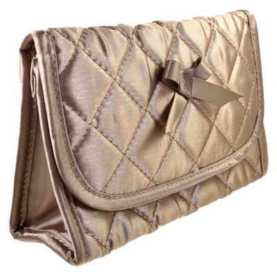 Quilted Satin Cosmetic Bag with a Mirror, Bronze, Front View