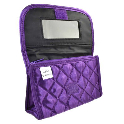 Quilted Satin Cosmetic Bag with a Mirror, Purple, Open View