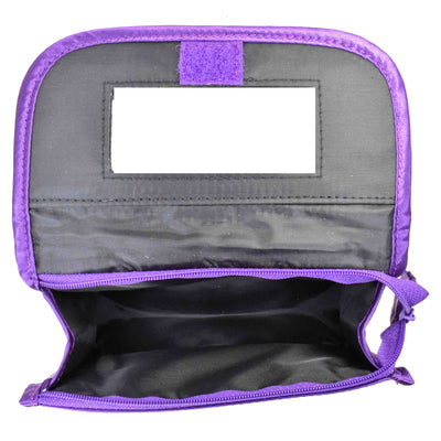 Quilted Satin Cosmetic Bag with a Mirror, Purple, Open View