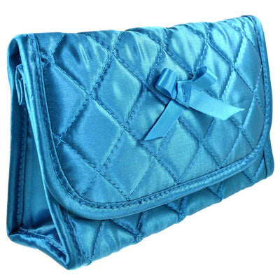 Quilted Satin Cosmetic Bag with a Mirror, Teal, Front View