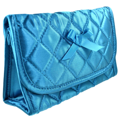 Quilted Satin Cosmetic Bag with a Mirror & Soft Eyeglass Case Essential Duo Set, Turquoise-Teal