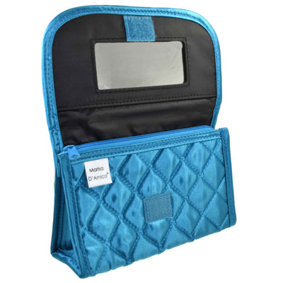 Personalized & Monogrammed Cosmetic Bag with a Mirror, Quilted Turquoise-Teal Satin, Cursive Single Upper Case Letter in Swarovski Rhinestones