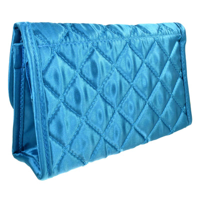 Quilted Satin Cosmetic Bag with a Mirror, Teal, Back View