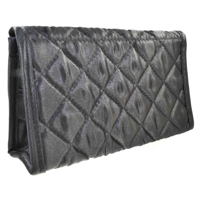 Quilted Satin Cosmetic Bag with a Mirror, Black, Back View