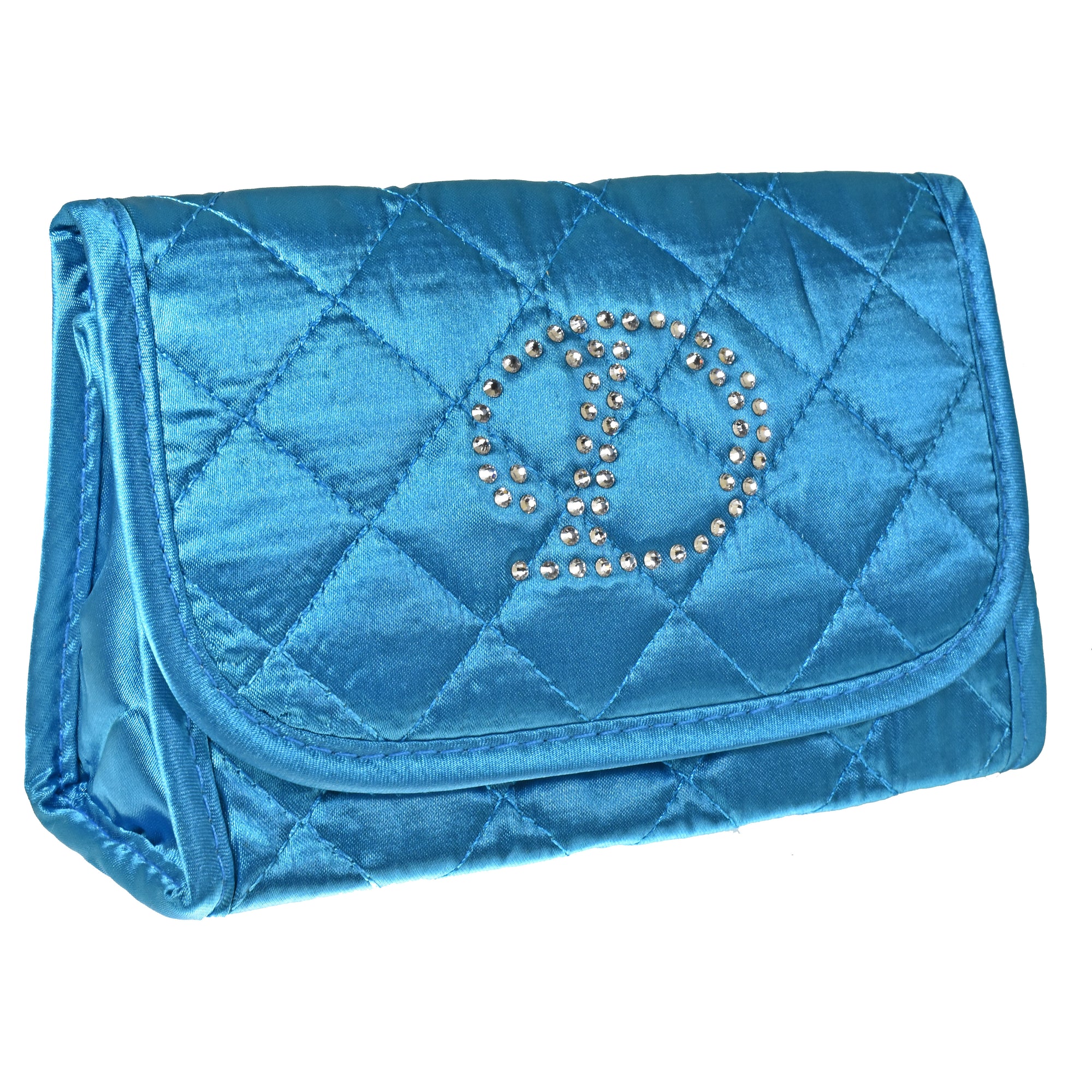 Personalized & Monogrammed Cosmetic Bag with a Mirror, Quilted Turquoise-Teal Satin, Cursive Single Upper Case Letter in Swarovski Rhinestones
