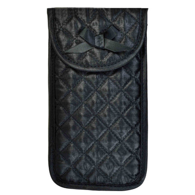 Quilted Satin Soft Eyeglass Pouch with Velcro Flap Closure in Black, Front View