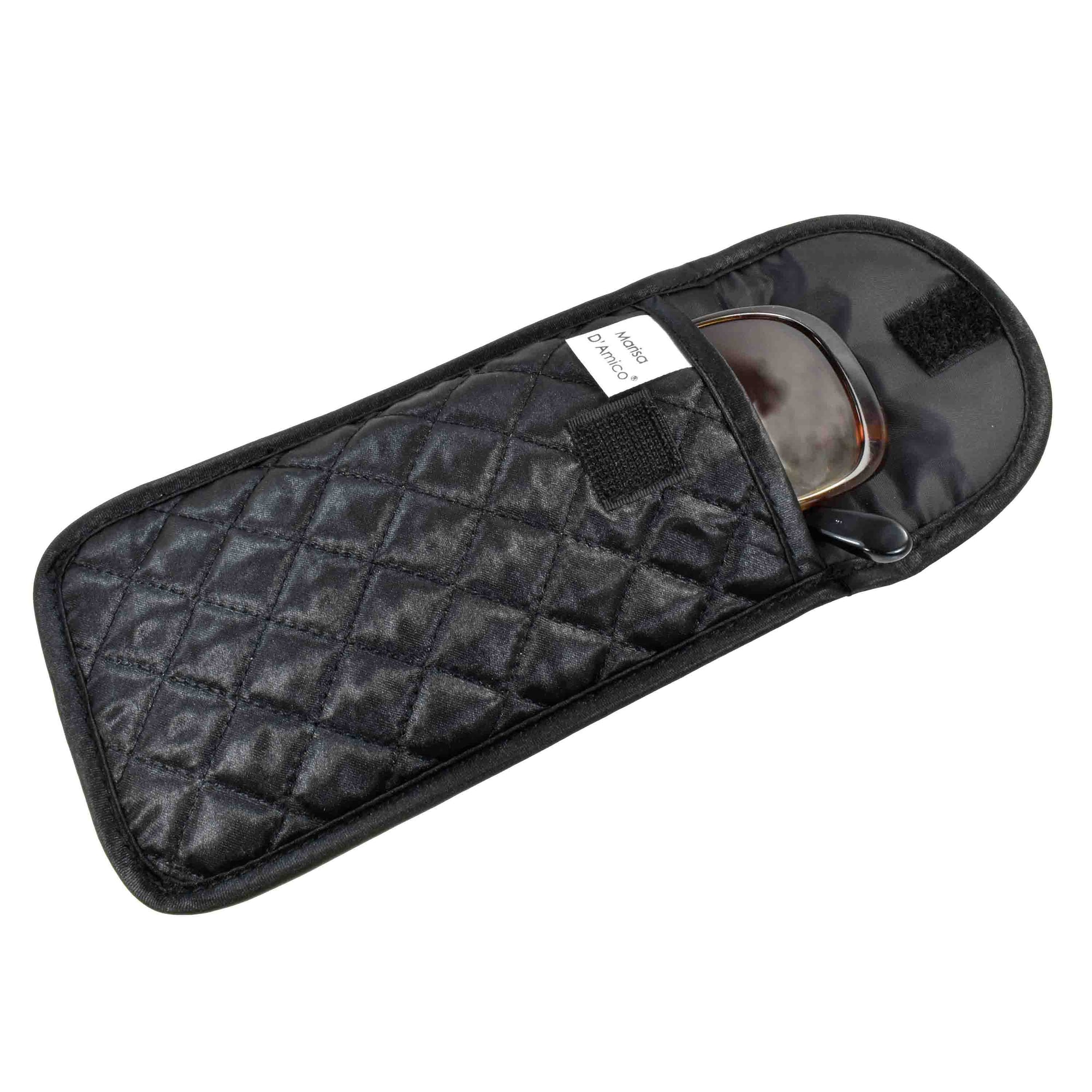 Quilted Satin Soft Eyeglass Pouch with Velcro Flap Closure in Black, Open View