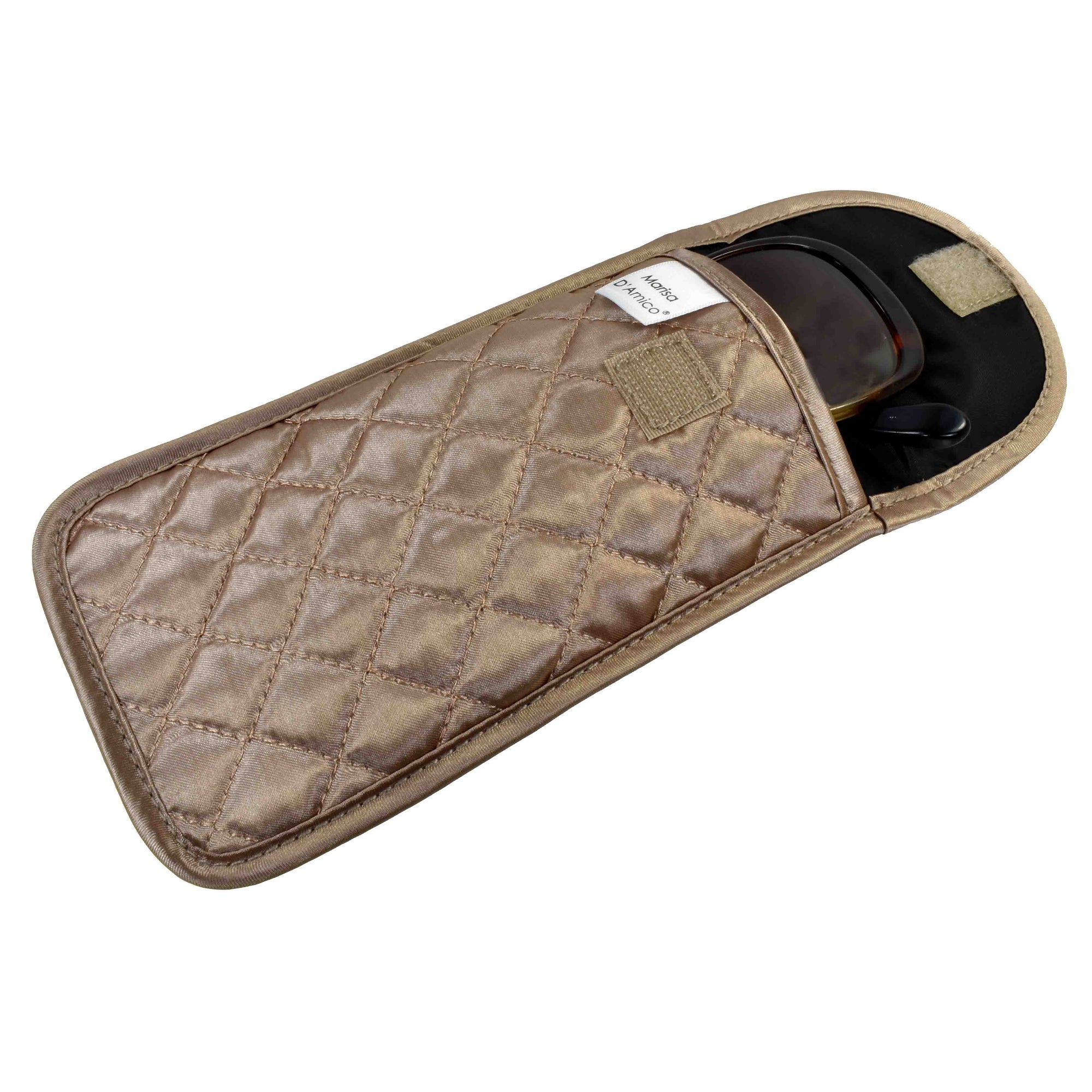 Quilted Satin Soft Eyeglass Pouch with Velcro Flap Closure in Bronze, Open View