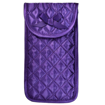 Quilted Satin Soft Eyeglass Pouch with Velcro Flap Closure in Purple, Front View