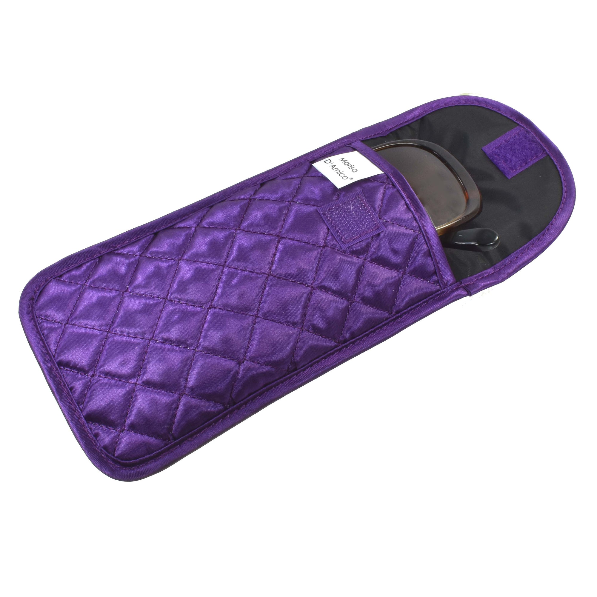 Quilted Satin Soft Eyeglass Pouch with Velcro Flap Closure in Purple, Open View