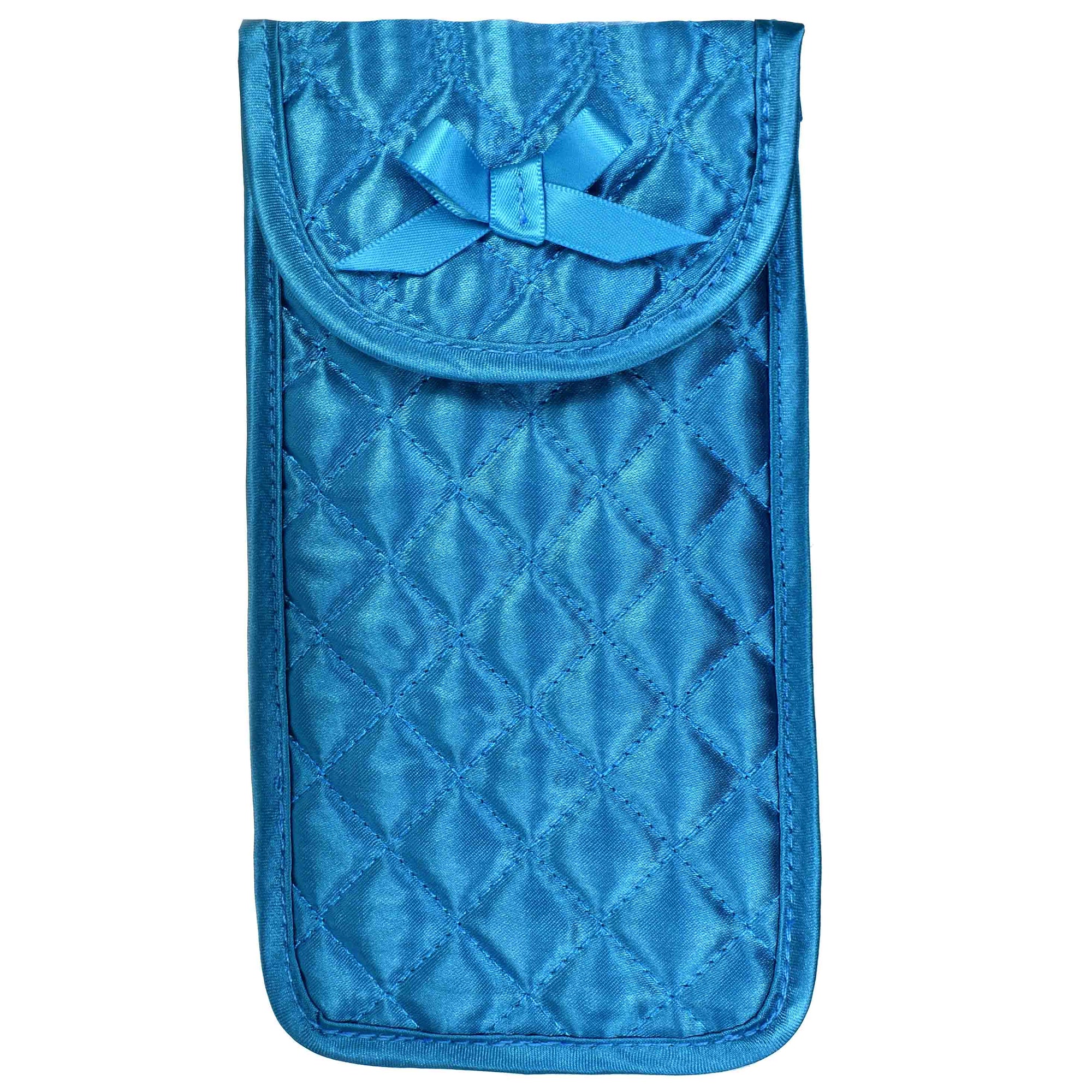 Quilted Satin Soft Eyeglass Pouch with Velcro Flap Closure in Teal, Front View