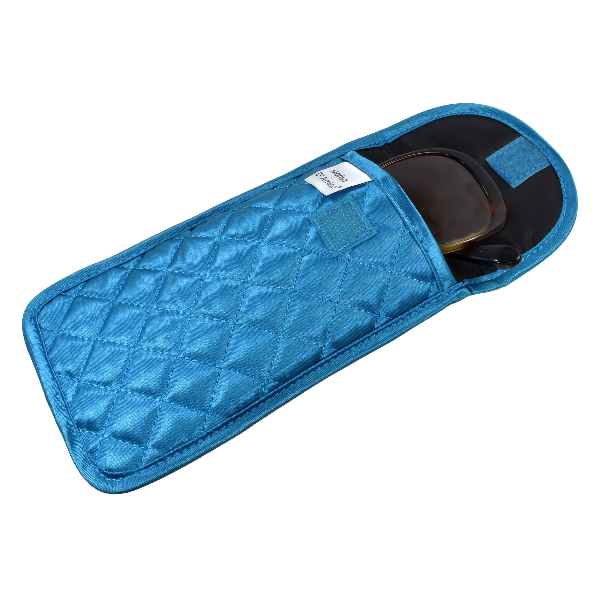 Quilted Satin Soft Eyeglass Pouch with Velcro Flap Closure in Teal, Open View